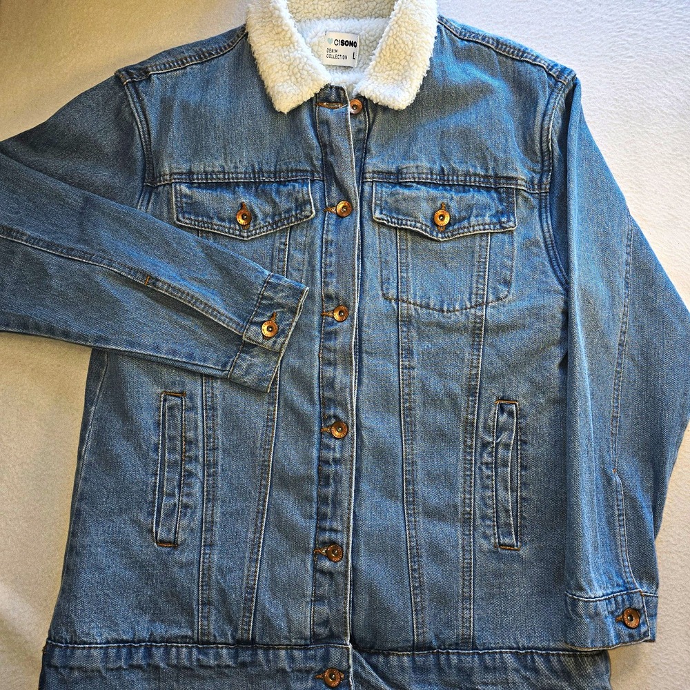 CISONO Sherpa Collar Denim Trucker Jacket Women's L Med Wash Vintage Y2K Retro..